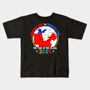 Cicada Brood USA Map Tsunami Bugs Brood XIX Brood XIII 13 Year Of The Cicada 2024 Kids T-Shirt